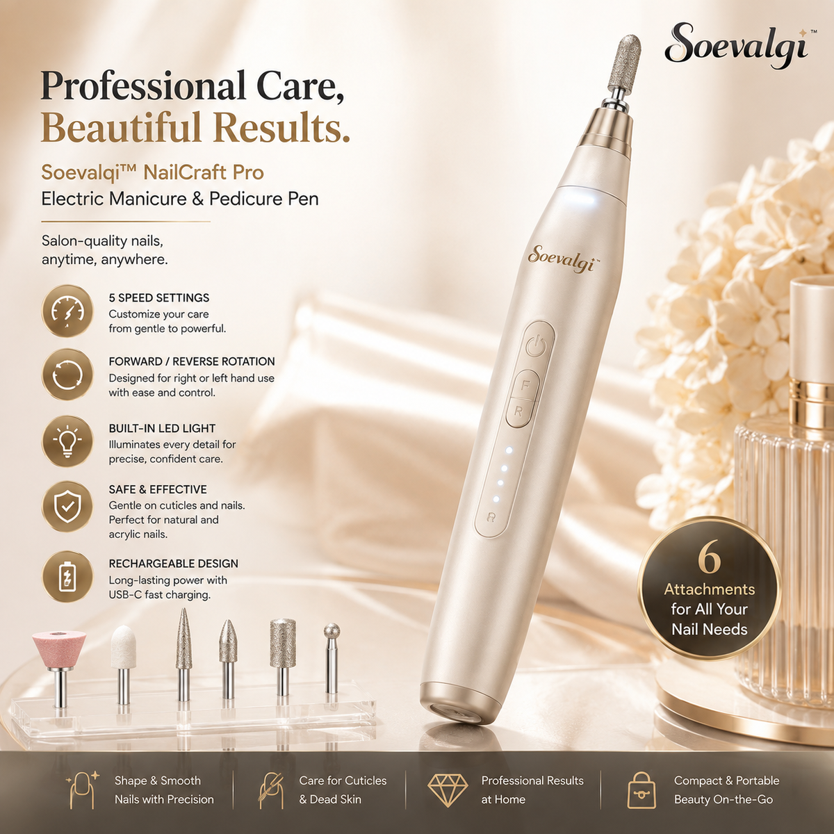 Soevalqi™ NailCraft Pro Electric Manicure & Pedicure Pen – 5-Speed Nail Care Tool, Forward/Reverse, LED Light, 6 Attachments