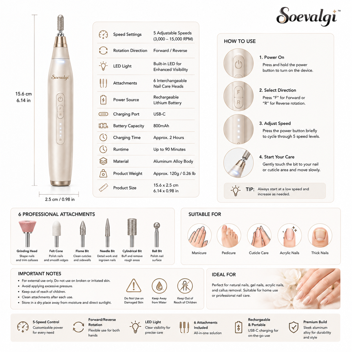 Soevalqi™ NailCraft Pro Electric Manicure & Pedicure Pen – 5-Speed Nail Care Tool, Forward/Reverse, LED Light, 6 Attachments
