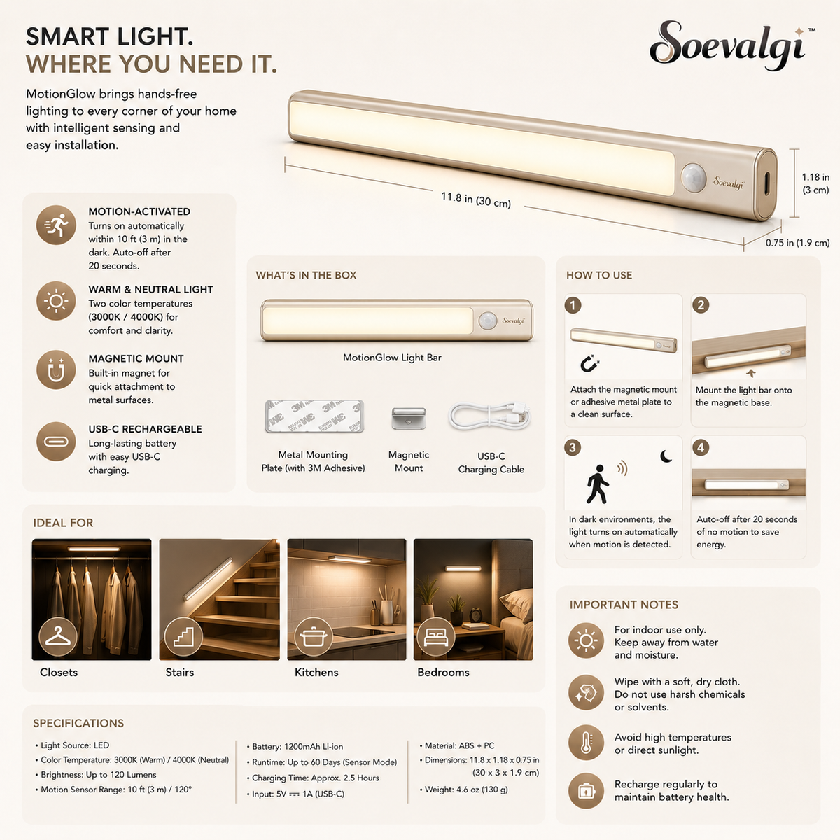 Soevalqi™ MotionGlow Rechargeable Sensor Light – Motion-Activated LED Light Bar, Dual White Light, Magnetic Mount, USB-C