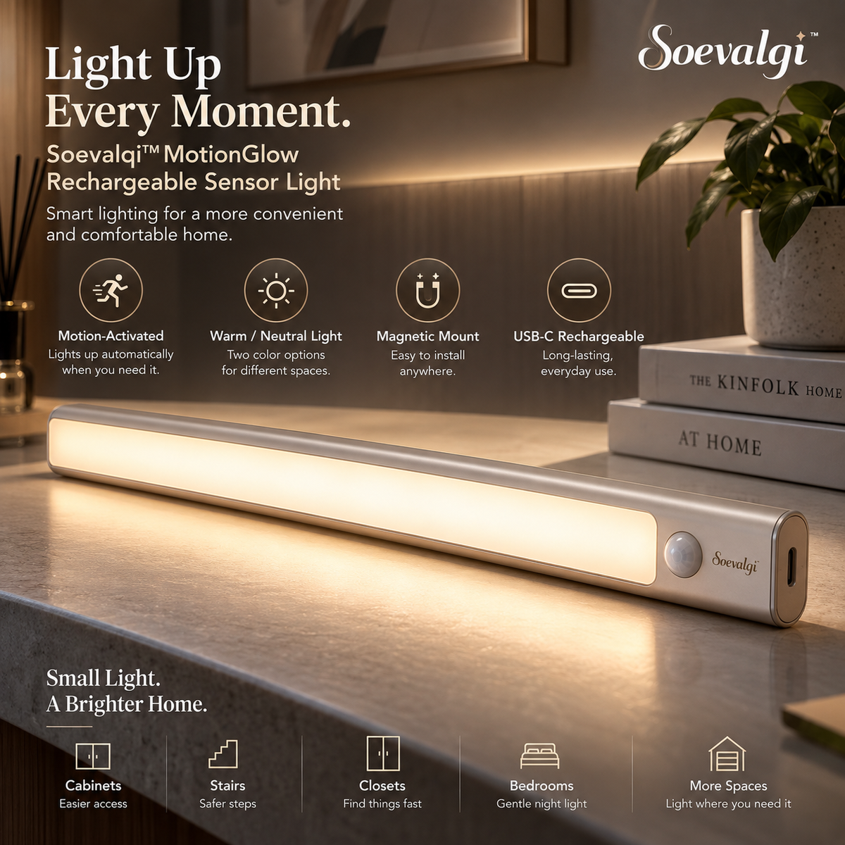 Soevalqi™ MotionGlow Rechargeable Sensor Light – Motion-Activated LED Light Bar, Dual White Light, Magnetic Mount, USB-C