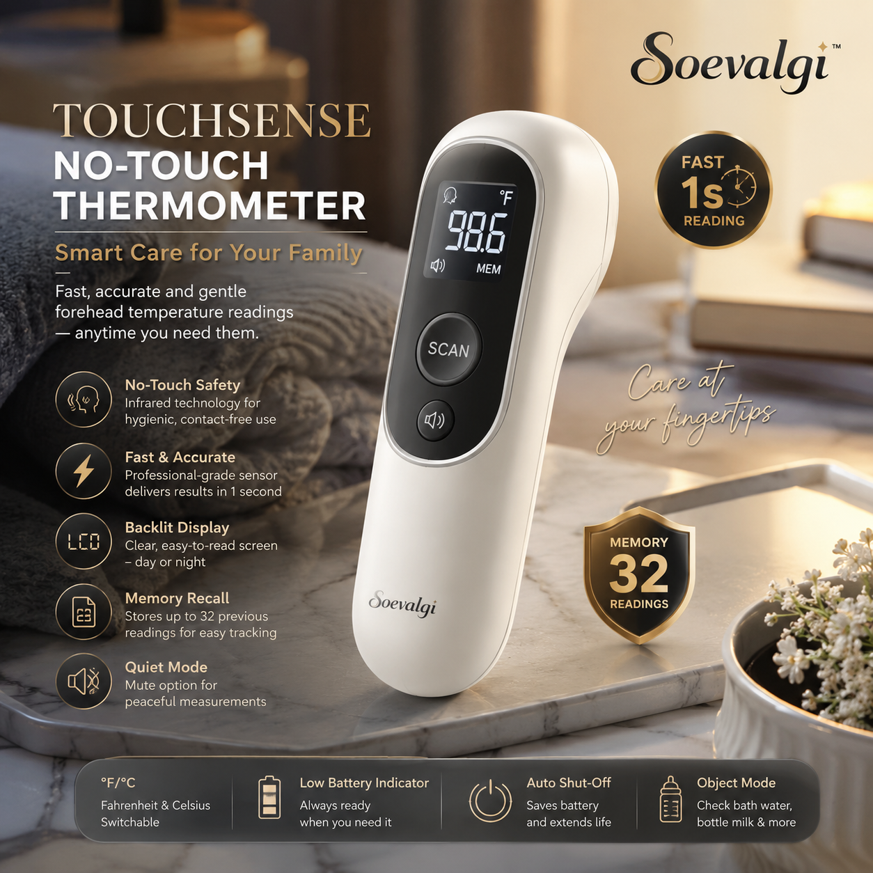 Soevalqi™ TouchSense No-Touch Digital Forehead Thermometer – Infrared Temperature Reader, Large LCD, Memory Recall, °F/°C
