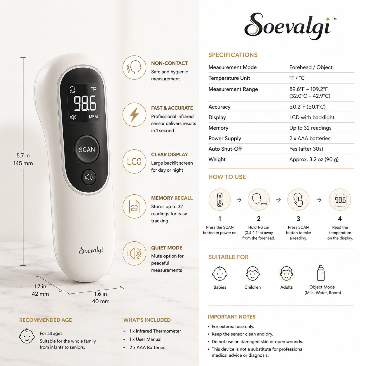 Soevalqi™ TouchSense No-Touch Digital Forehead Thermometer – Infrared Temperature Reader, Large LCD, Memory Recall, °F/°C