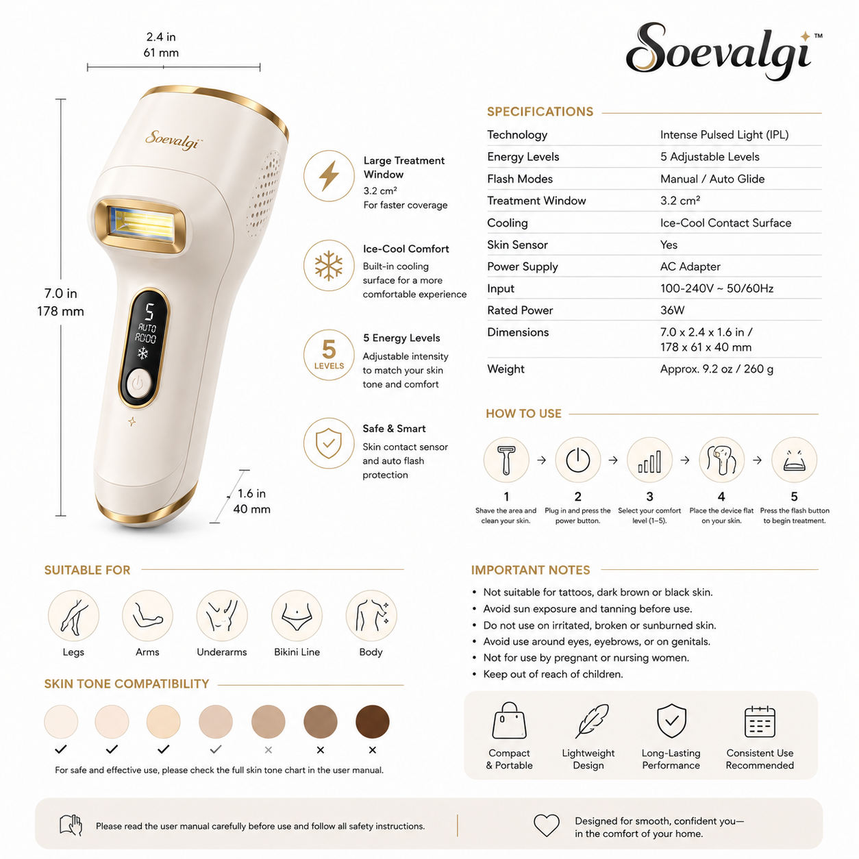 Soevalqi™ LumiSilk IPL Hair Reduction Handset – At-Home Intense Pulsed Light Device, 5 Energy Levels, Cooling Contact Surface