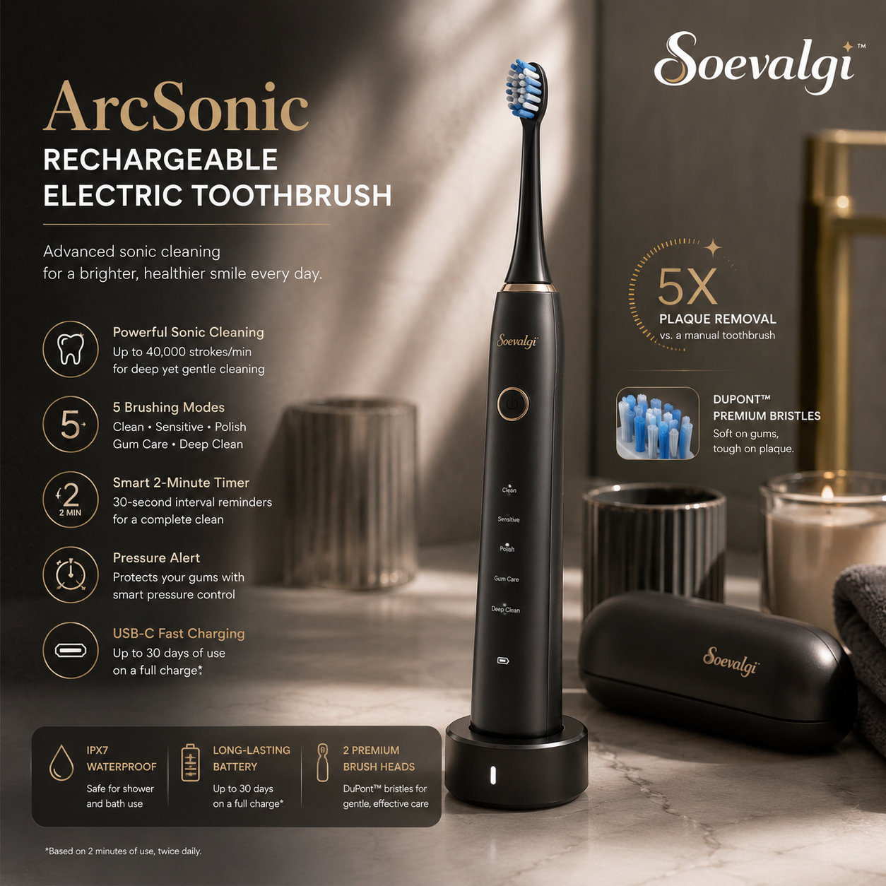 Soevalqi™ ArcSonic Rechargeable Electric Toothbrush – Sonic Toothbrush, 5 Brushing Modes, Pressure Alert, 2-Minute Timer, USB-C