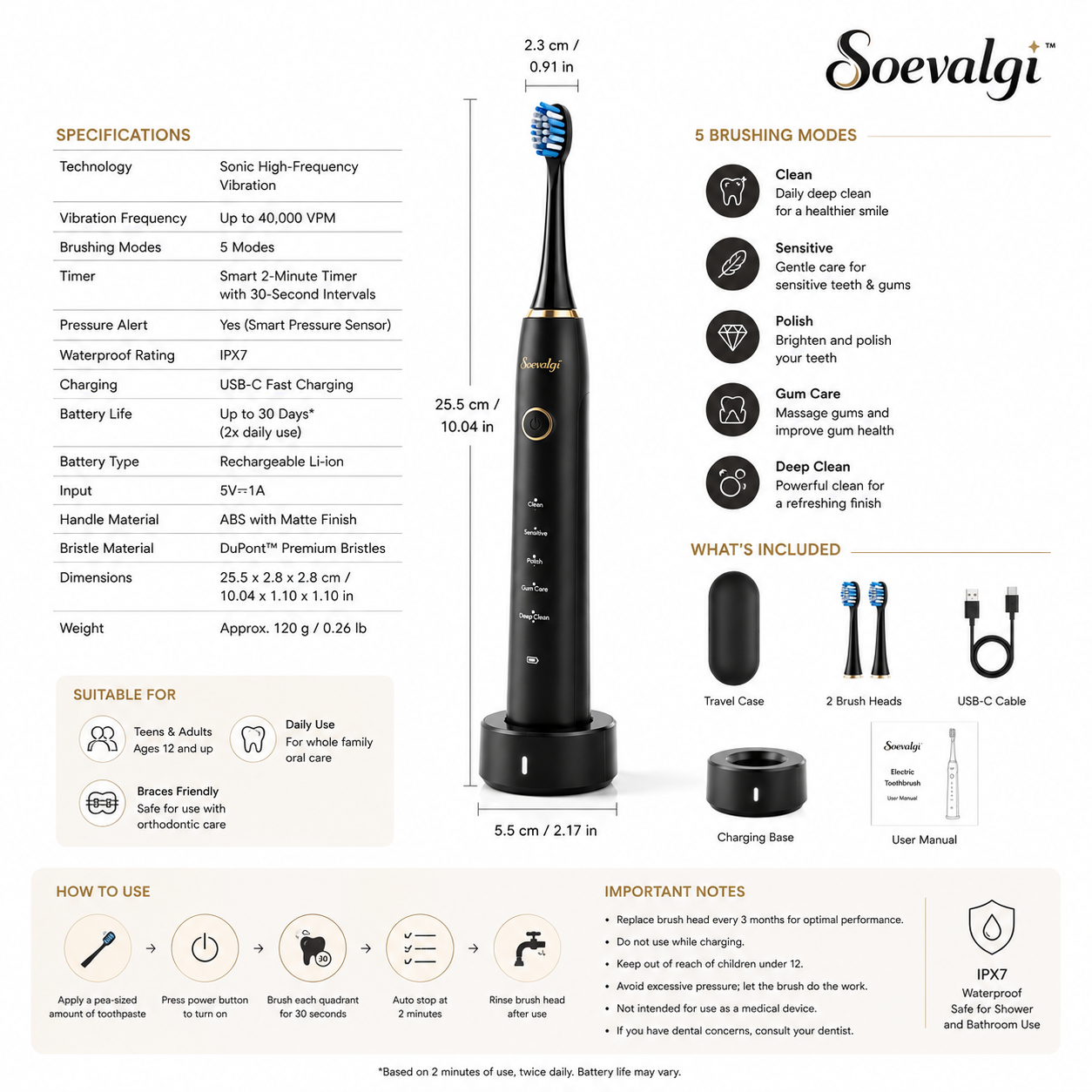 Soevalqi™ ArcSonic Rechargeable Electric Toothbrush – Sonic Toothbrush, 5 Brushing Modes, Pressure Alert, 2-Minute Timer, USB-C