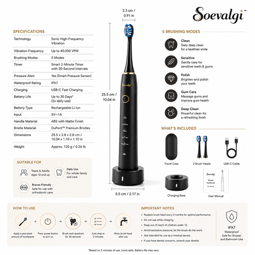 Soevalqi™ ArcSonic Rechargeable Electric Toothbrush – Sonic Toothbrush, 5 Brushing Modes, Pressure Alert, 2-Minute Timer, USB-C