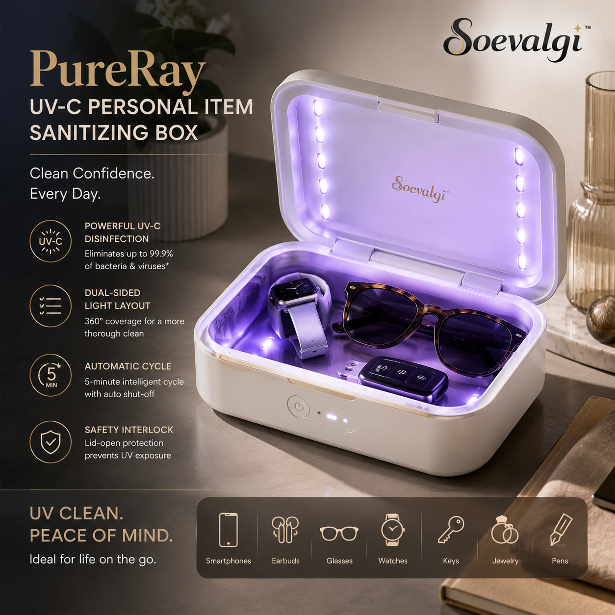 Soevalqi™ PureRay UV-C Personal Item Sanitizing Box – Enclosed UV-C Case, Automatic Cycle, Safety Interlock, USB-C