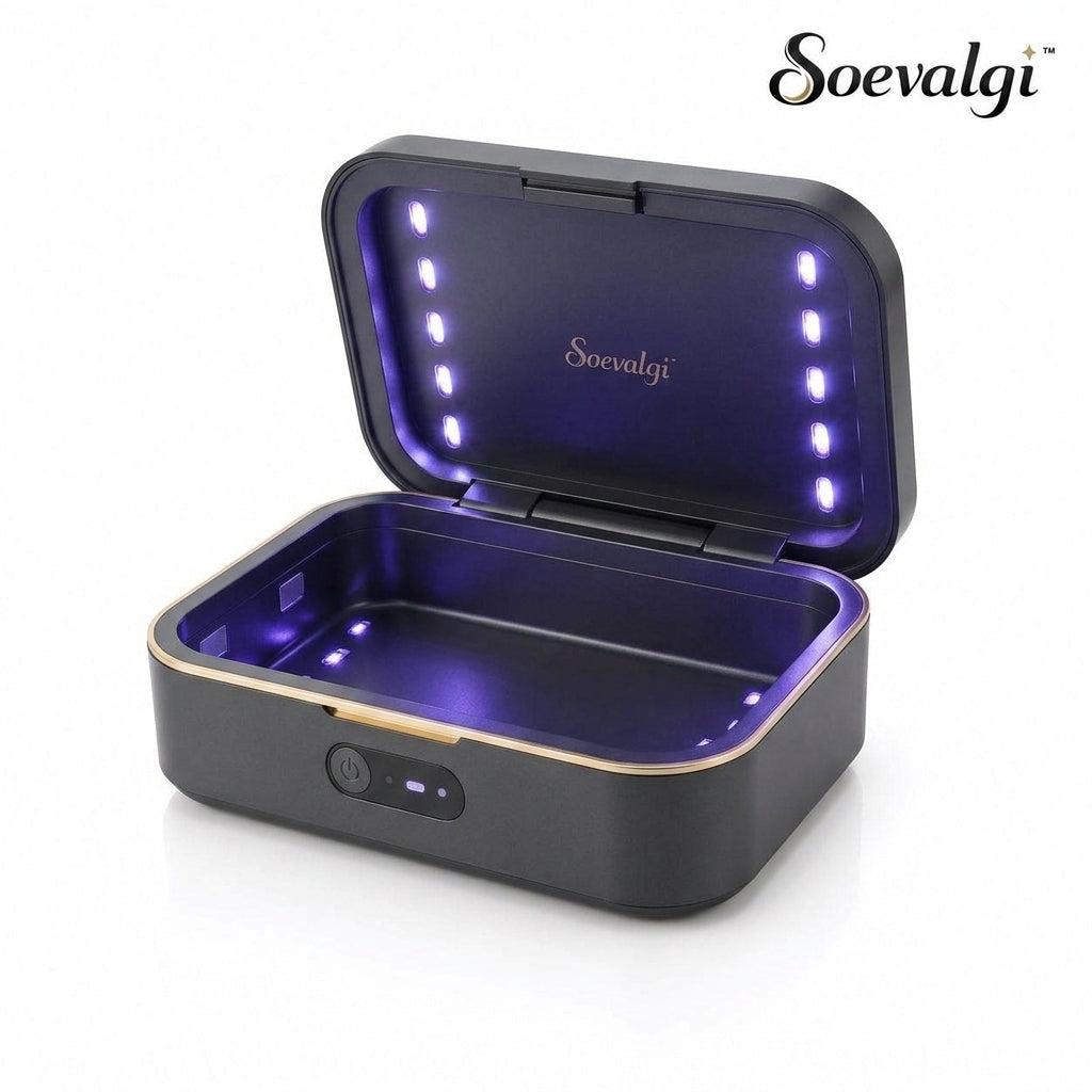 Soevalqi™ PureRay UV-C Personal Item Sanitizing Box – Enclosed UV-C Case, Automatic Cycle, Safety Interlock, USB-C