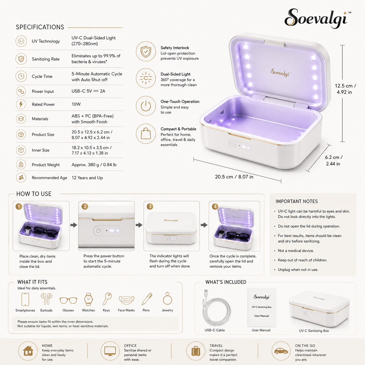Soevalqi™ PureRay UV-C Personal Item Sanitizing Box – Enclosed UV-C Case, Automatic Cycle, Safety Interlock, USB-C