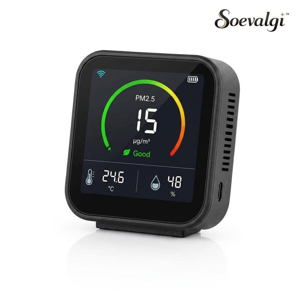 Soevalqi™ AirView Mini Smart Indoor Air Quality Monitor – PM2.5, Temperature & Humidity Display, Color Status Indicator, USB-C