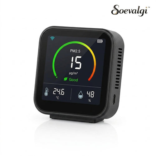 Soevalqi™ AirView Mini Smart Indoor Air Quality Monitor – PM2.5, Temperature & Humidity Display, Color Status Indicator, USB-C