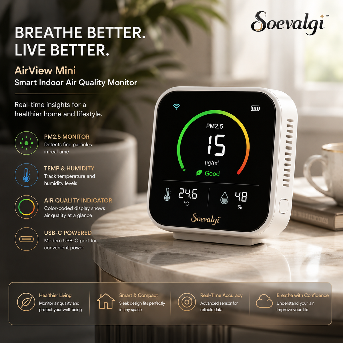 Soevalqi™ AirView Mini Smart Indoor Air Quality Monitor – PM2.5, Temperature & Humidity Display, Color Status Indicator, USB-C