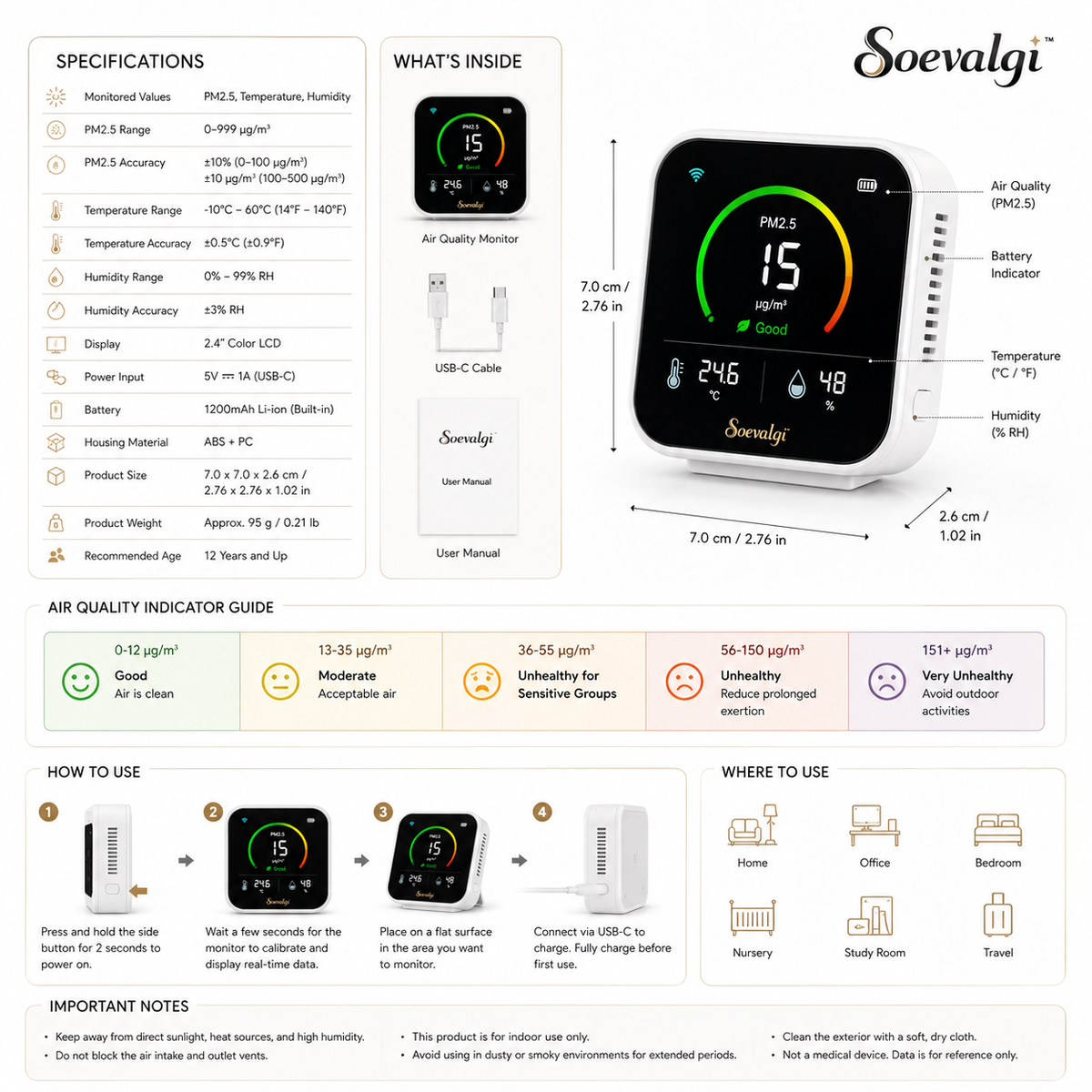 Soevalqi™ AirView Mini Smart Indoor Air Quality Monitor – PM2.5, Temperature & Humidity Display, Color Status Indicator, USB-C
