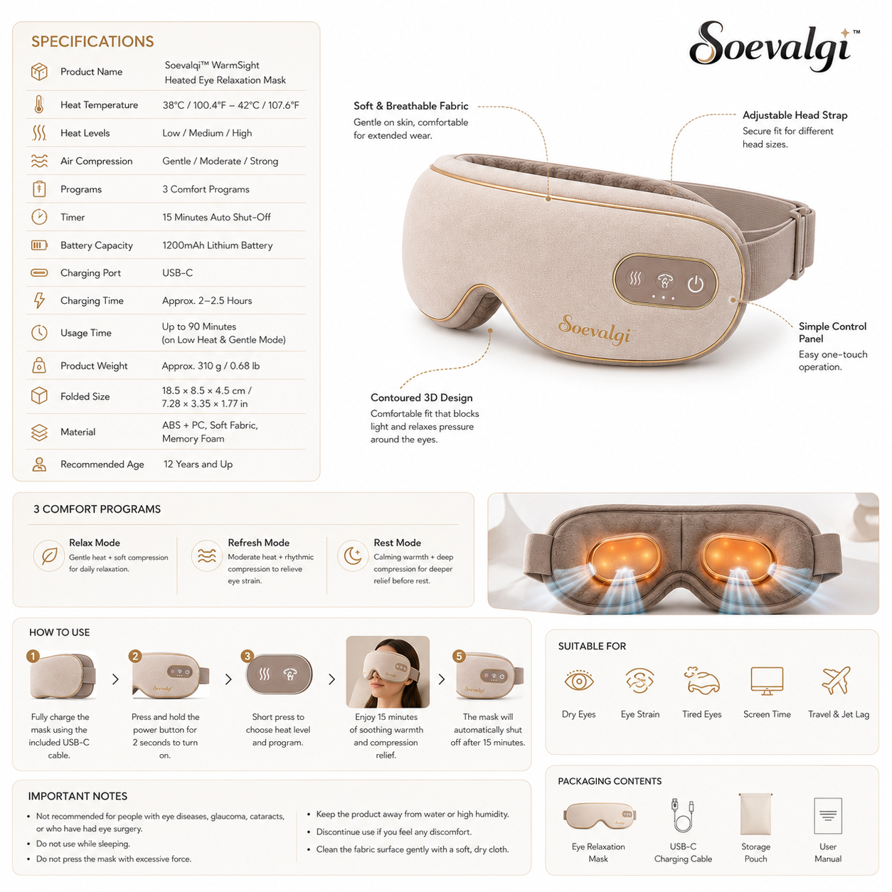 Soevalqi™ WarmSight Heated Eye Relaxation Mask – Gentle Heat, Air Compression, 3 Comfort Programs, Foldable Rechargeable Design