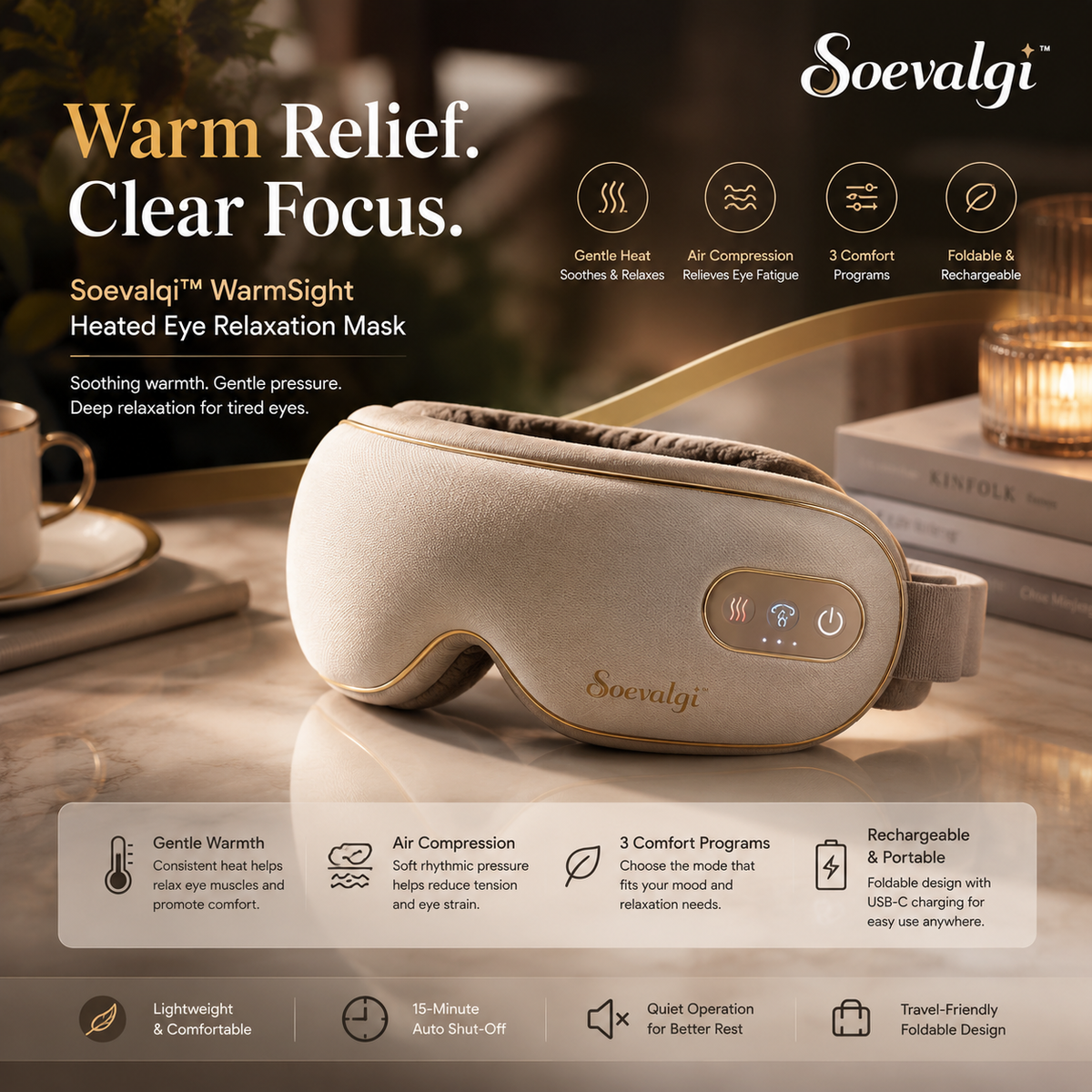 Soevalqi™ WarmSight Heated Eye Relaxation Mask – Gentle Heat, Air Compression, 3 Comfort Programs, Foldable Rechargeable Design