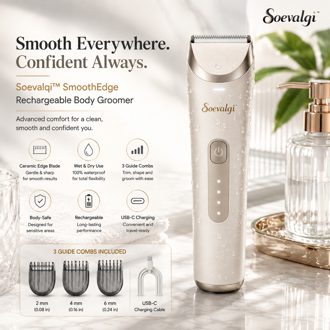 Soevalqi™ SmoothEdge Rechargeable Body Groomer – Wet & Dry Electric Trimmer, Ceramic Edge Blade, 3 Guide Combs, USB-C