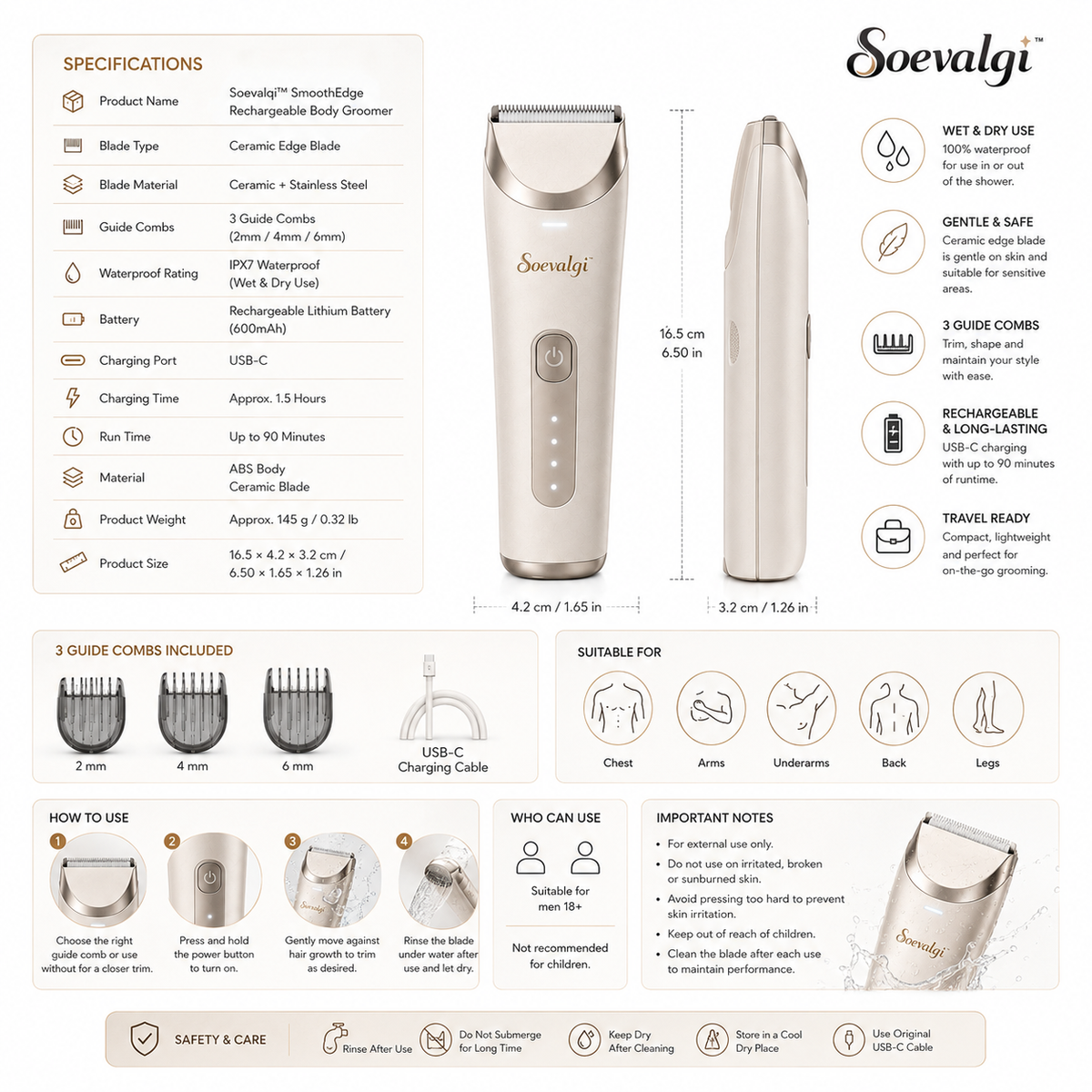 Soevalqi™ SmoothEdge Rechargeable Body Groomer – Wet & Dry Electric Trimmer, Ceramic Edge Blade, 3 Guide Combs, USB-C