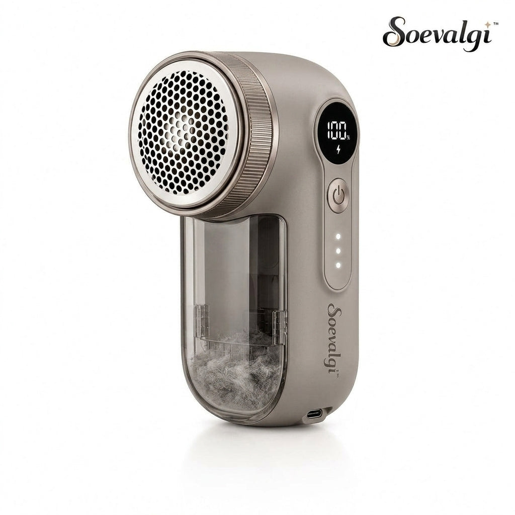 Soevalqi™ RenewPro Rechargeable Fabric Shaver – 6-Blade Lint Remover, 3 Speeds, LED Battery Display, USB-C