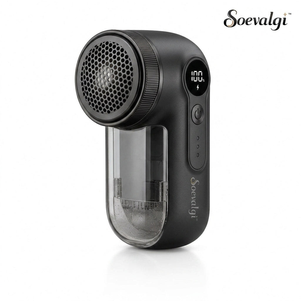 Soevalqi™ RenewPro Rechargeable Fabric Shaver – 6-Blade Lint Remover, 3 Speeds, LED Battery Display, USB-C