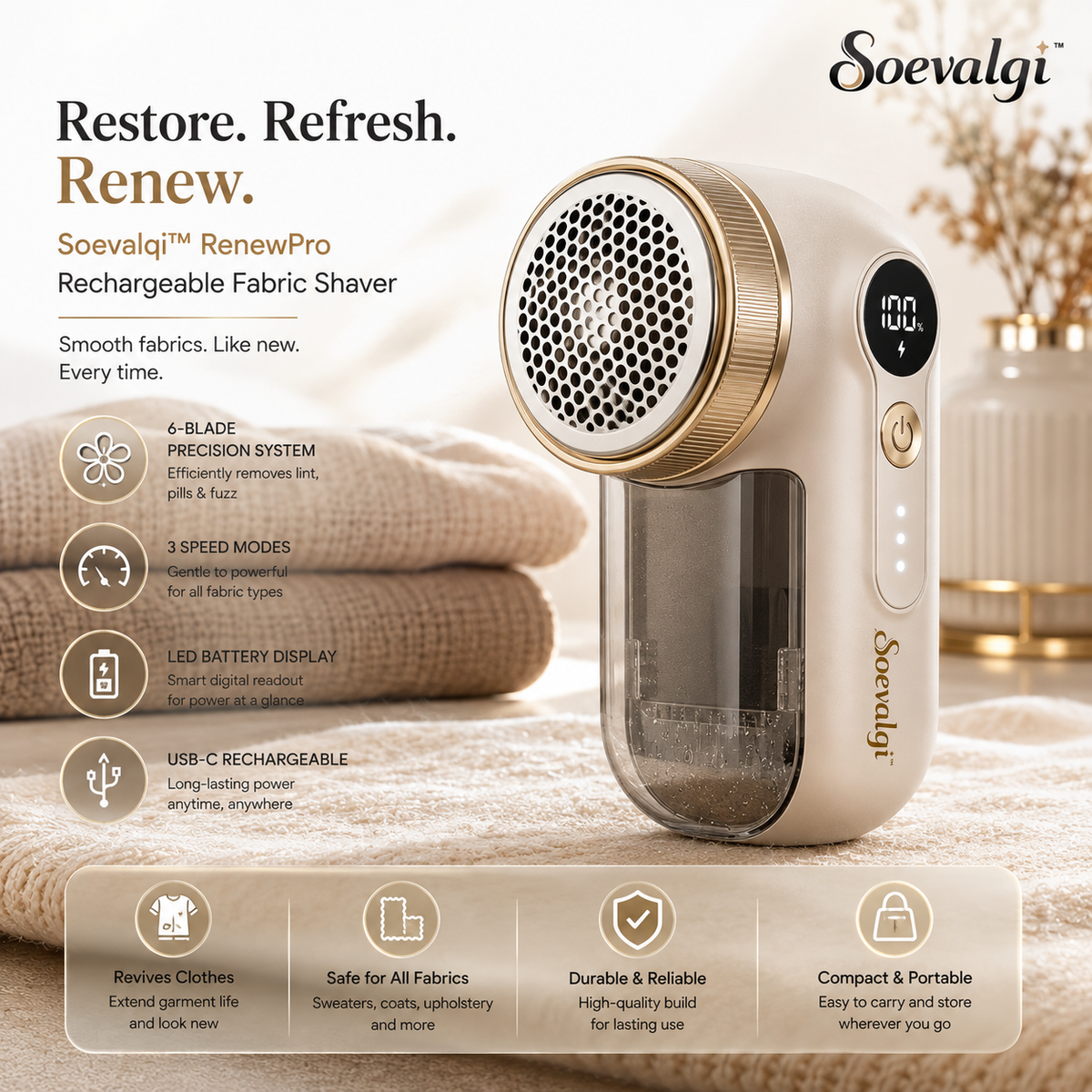 Soevalqi™ RenewPro Rechargeable Fabric Shaver – 6-Blade Lint Remover, 3 Speeds, LED Battery Display, USB-C
