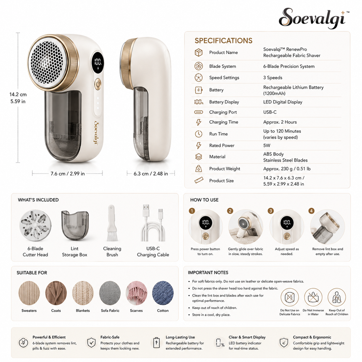 Soevalqi™ RenewPro Rechargeable Fabric Shaver – 6-Blade Lint Remover, 3 Speeds, LED Battery Display, USB-C