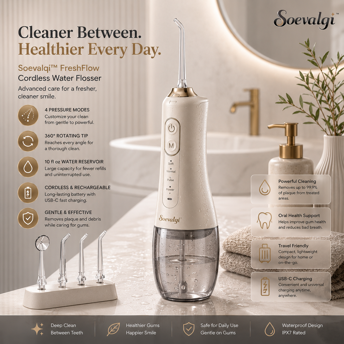 Soevalqi™ FreshFlow Cordless Water Flosser – Oral Irrigator, 4 Pressure Modes, 10 fl oz Reservoir, 360° Tip, USB-C