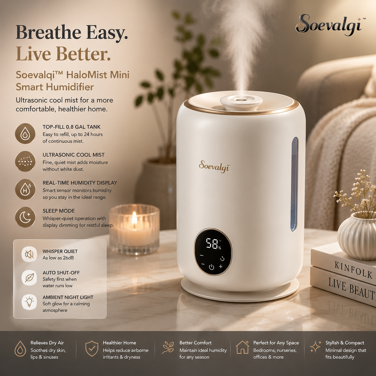 Soevalqi™ HaloMist Mini Smart Humidifier – Ultrasonic Cool Mist, 0.8 gal Top-Fill Tank, Humidity Display, Sleep Mode