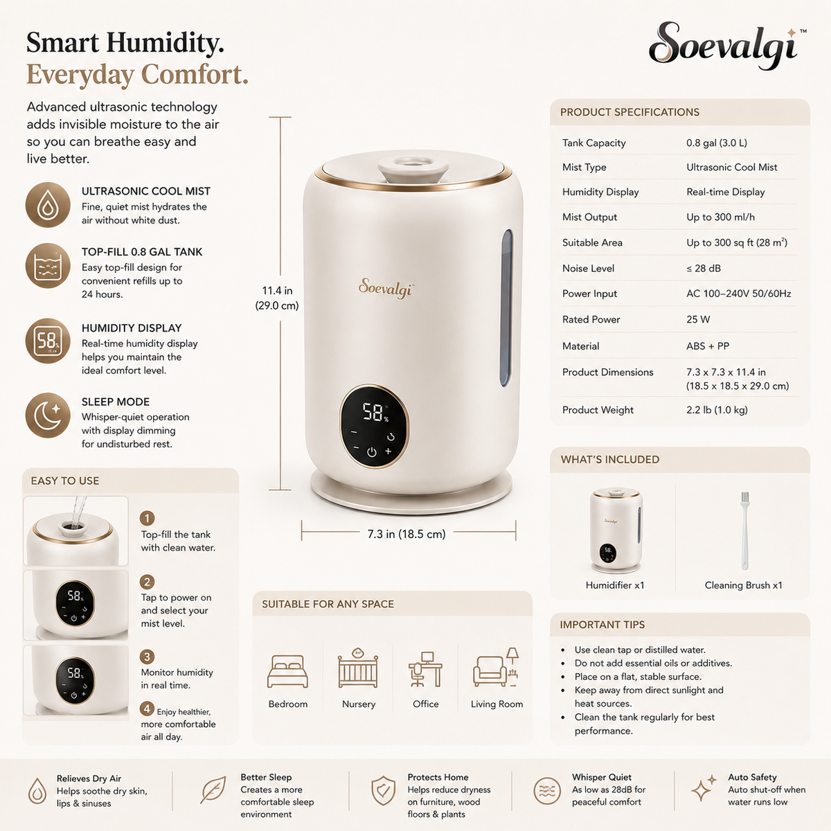 Soevalqi™ HaloMist Mini Smart Humidifier – Ultrasonic Cool Mist, 0.8 gal Top-Fill Tank, Humidity Display, Sleep Mode