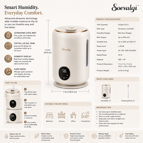 Soevalqi™ HaloMist Mini Smart Humidifier – Ultrasonic Cool Mist, 0.8 gal Top-Fill Tank, Humidity Display, Sleep Mode